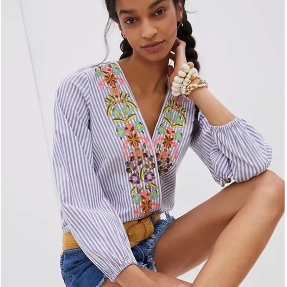 Anthropologie Tops - Anthropologie Artemis
Embroidered FLOWERS striped Top Blouse Size Medium Blue